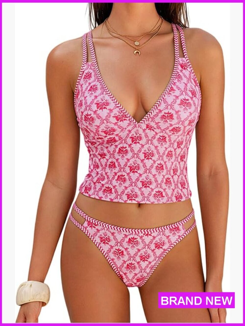 Tankini Swimsuits for Women V Neck Dual Straps Cropped Bikini Set High Cut 2